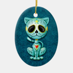 Blue Zombie Sugar Kitten Ceramic Ornament