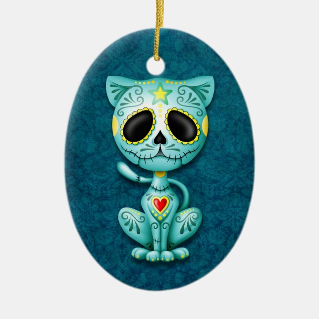Blue Zombie Sugar Kitten Ceramic Ornament (Front)