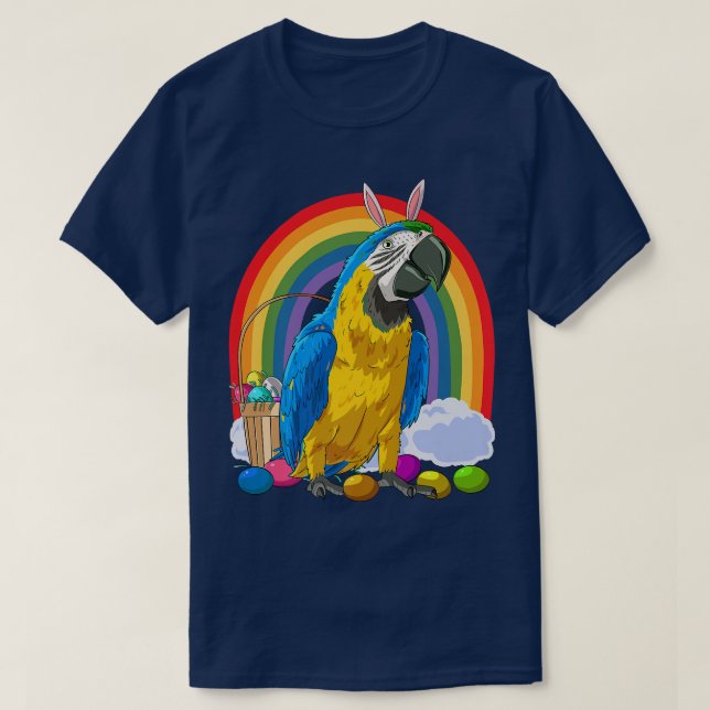BlueAndYellow Macaw Easter Eggs Bunny Parrot  T-Shirt (Design Front)