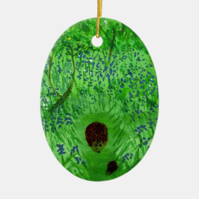 Bluebell Wood with Hedgehogs Ceramic Ornament (Front)