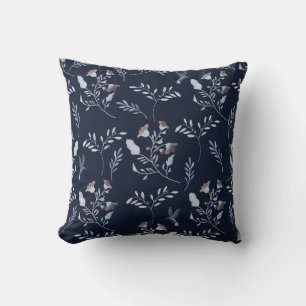 Bluebells and Bluebirds Floral Pattern on Midnight Throw Pillow