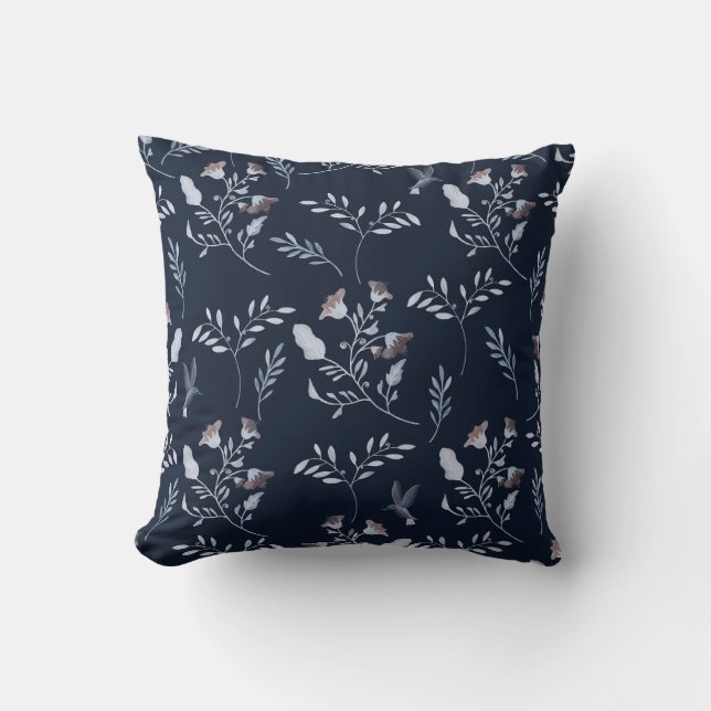 Bluebells and Bluebirds Floral Pattern on Midnight Throw Pillow (Front)