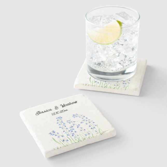 Bluebells Blue floral Watercolor nature Weddings Stone Coaster (Side)