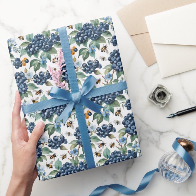 Blueberries and Bees Watercolor Wrapping Paper (Gifting)