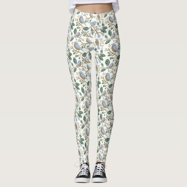 Blueberries and Bluebirds Light Blue, Brown, Cream Leggings (Front)