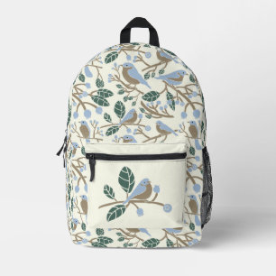 Blueberries and Bluebirds Light Blue, Brown, Cream Printed Backpack