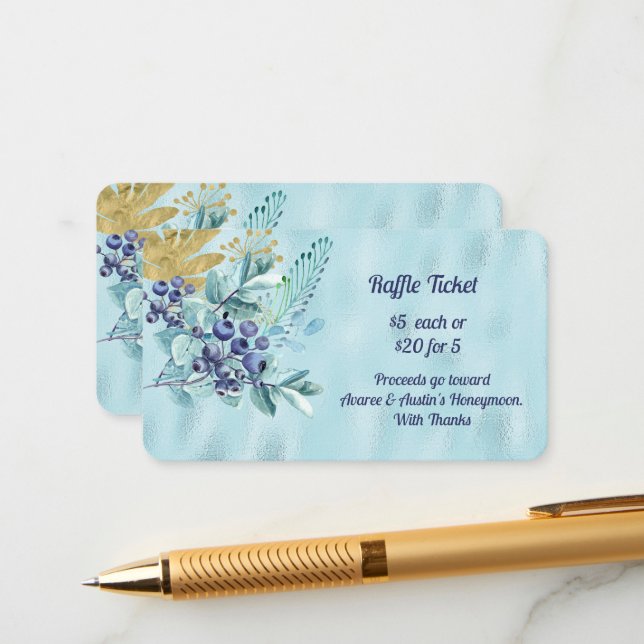 Blueberries and Gold Leaves on Blue Foil Raffle Enclosure Card (Front/Back In Situ)
