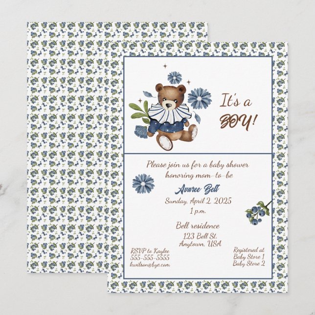 Blueberries and Teddy Bear It's A Boy! Shower Invitation (Front/Back)