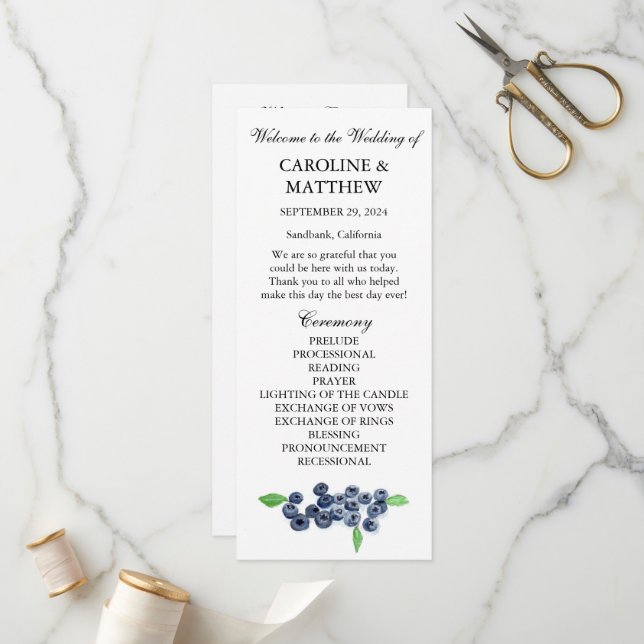 Blueberries Blue Fruit Watercolor Rustic Wedding  Program (Front/Back In Situ)