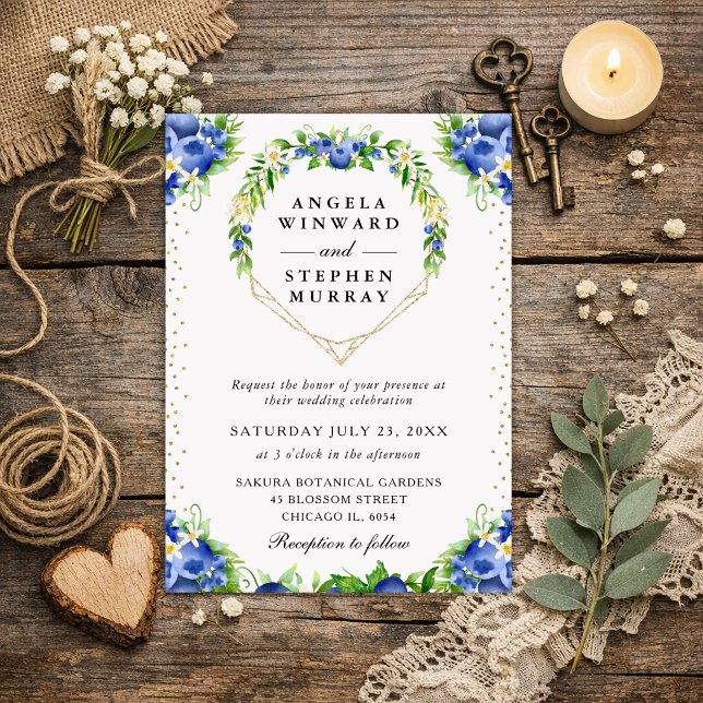Blueberries Floral Heart Wreath Wedding Invitation (Creator Uploaded)