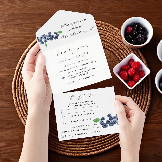 Blueberries Fruits Summer Elegant Rustic Wedding All In One Invitation (Creator Uploaded)