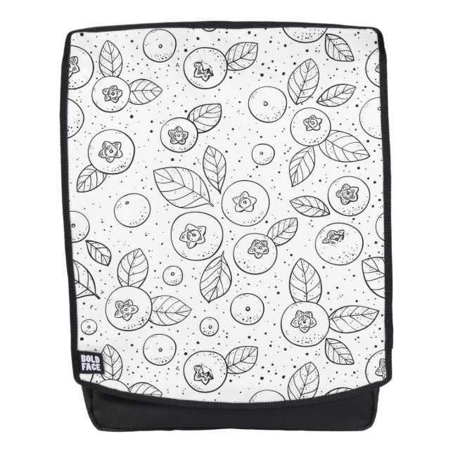 Blueberries on black and white backpack (Front)