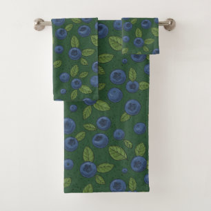 Blueberries on dark green bath towel set