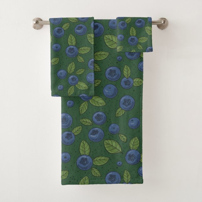 Blueberries on dark green bath towel set (Insitu)