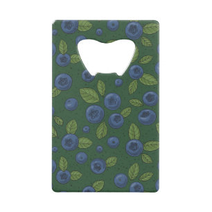 Blueberries on dark green credit card bottle opener