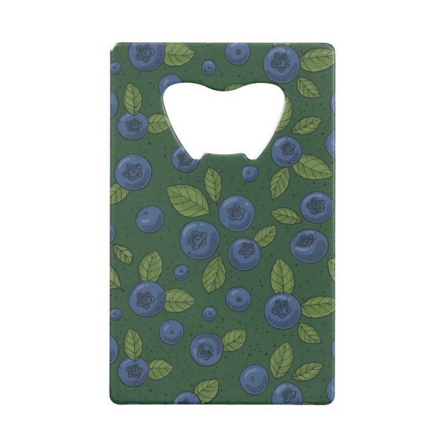Blueberries on dark green credit card bottle opener (Front)