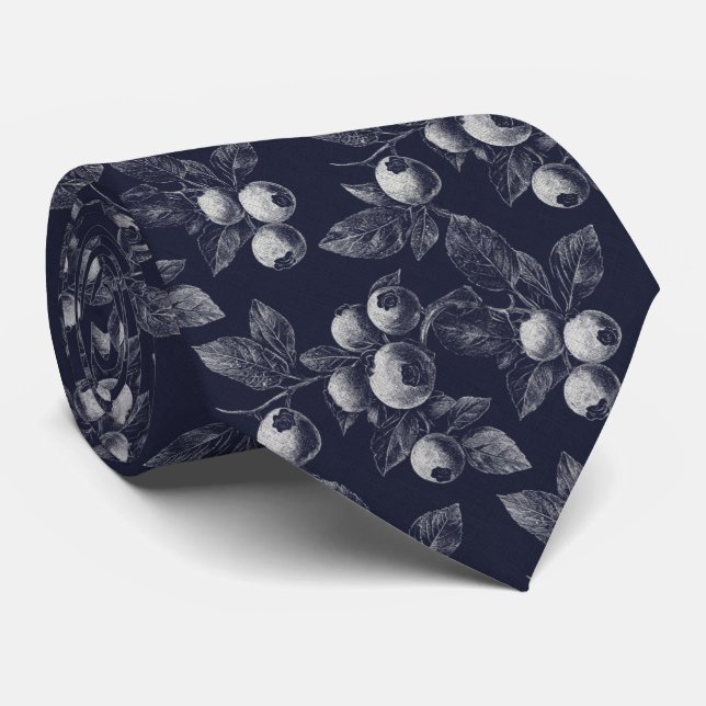Blueberries on Dark Navy Wedding Tie (Rolled)
