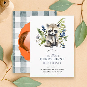 Blueberries Raccoon Berry First 1st Birthday Photo Invitation