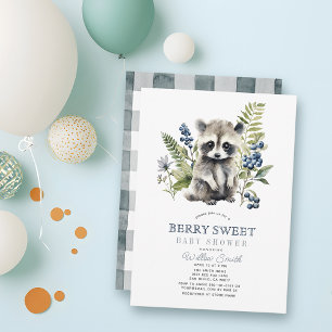 Blueberries & Raccoon Berry Sweet Boy Baby Shower Invitation