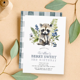 Blueberries & Raccoon Boy Berry Sweet Birthday Invitation
