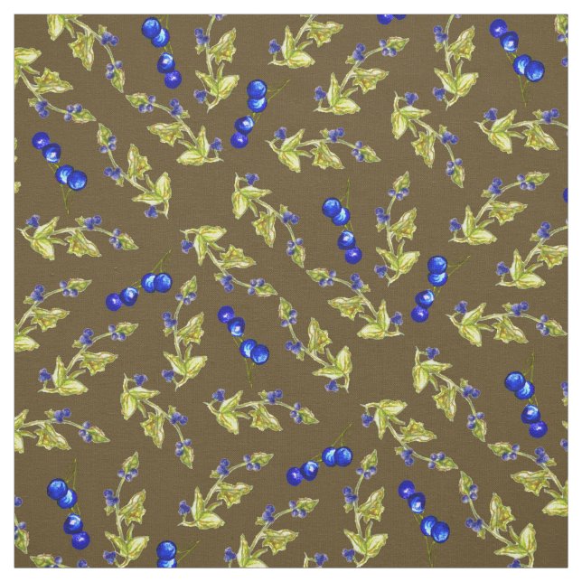 Blueberries Stemmed Leaves Brown Dirt Background Fabric (Swatch)