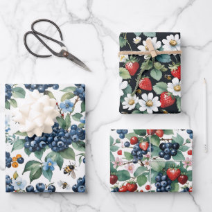 Blueberries Strawberries Bees and Butterflies Wrapping Paper Sheet