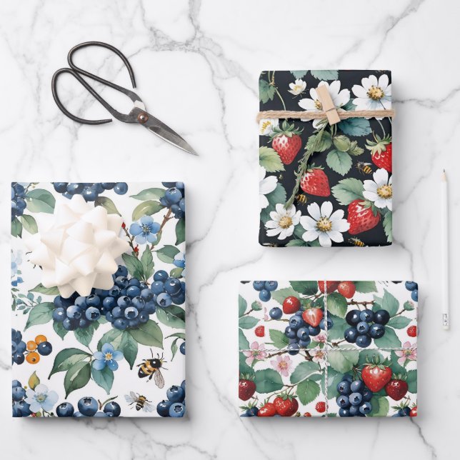 Blueberries Strawberries Bees and Butterflies Wrapping Paper Sheet (Front)