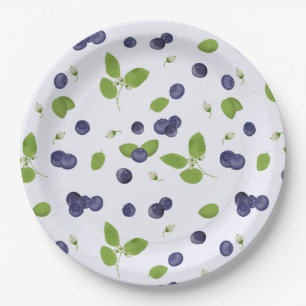 Blueberries Watercolor Blueberry Blossoms Foliage Paper Plate