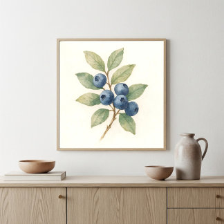 Blueberries Watercolor Branch Art Poster