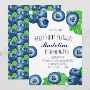 Blueberries Watercolored Berry Sweet Birthday  Invitation