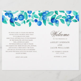Blueberries wedding program. Watercolor blue teal