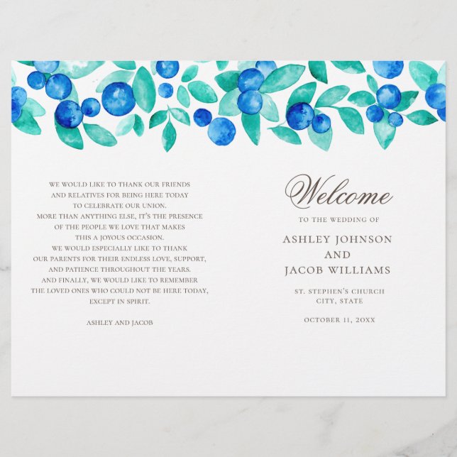 Blueberries wedding program. Watercolor blue teal (Front)