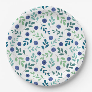Blueberries with Green Leaves Pattern Paper Plate