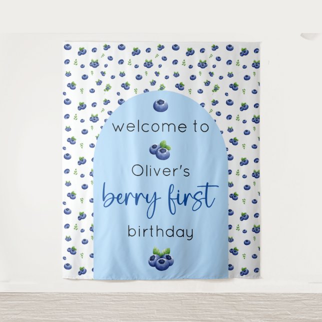 Blueberry 1st Birthday Berry First Backdrop Tapestry (Front)