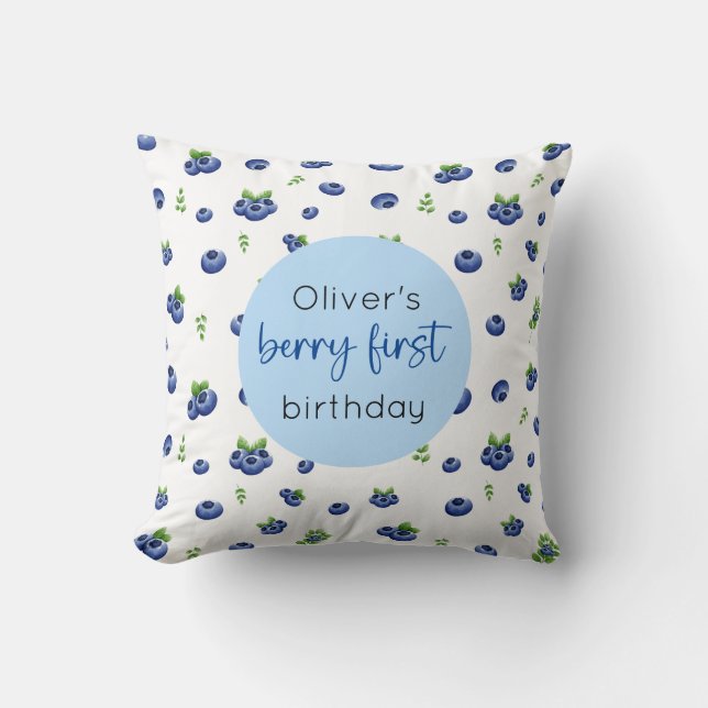 Blueberry 1st Birthday Berry First Throw Pillow (Front)