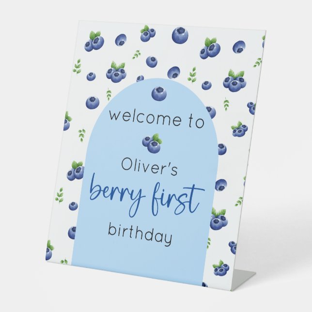 Blueberry 1st Birthday Berry First Welcome Pedestal Sign (Front)