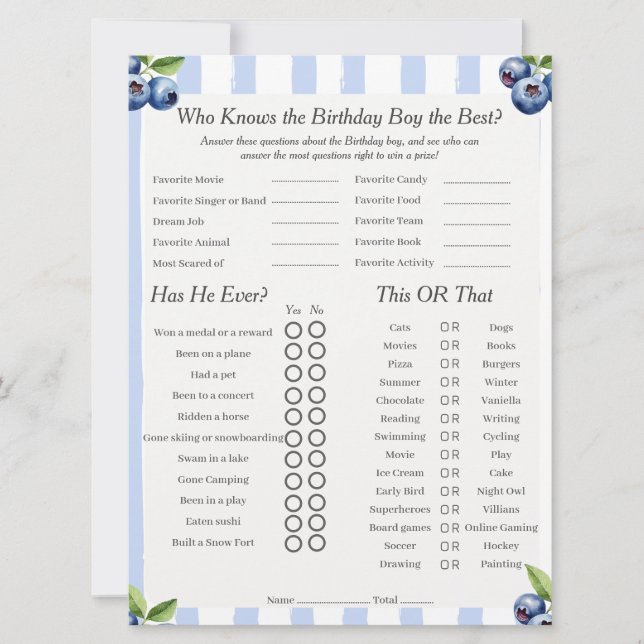 Blueberry Anniversaire garçon Trivia Trio Carte de (Devant)