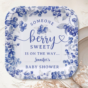 Blueberry Baby Shower Blue Toile De Jouy Paper Plate