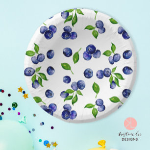 Blueberry Berry First Birthday Watercolor Pattern Paper Plate