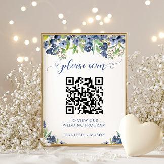 Blueberry Berry Floral Wedding Program QR Code Poster
