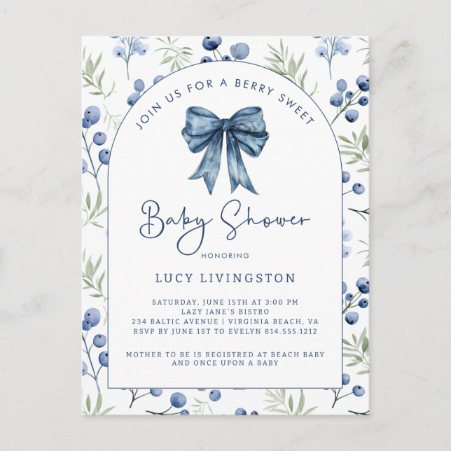 Blueberry Berry Sweet Baby Shower Invitation  Postcard (Front)