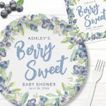 Blueberry Berry Sweet Baby Shower Paper Plate<br><div class="desc">Berry Sweet Baby Shower Paper Plate. Add a charming and practical touch to your baby shower with this berry sweet paper plate, featuring a lovely border of watercolor blueberries and green leaves. Perfect for a boy baby shower but sweet enough for a girl, this design brings a fresh, elegant feel...</div>