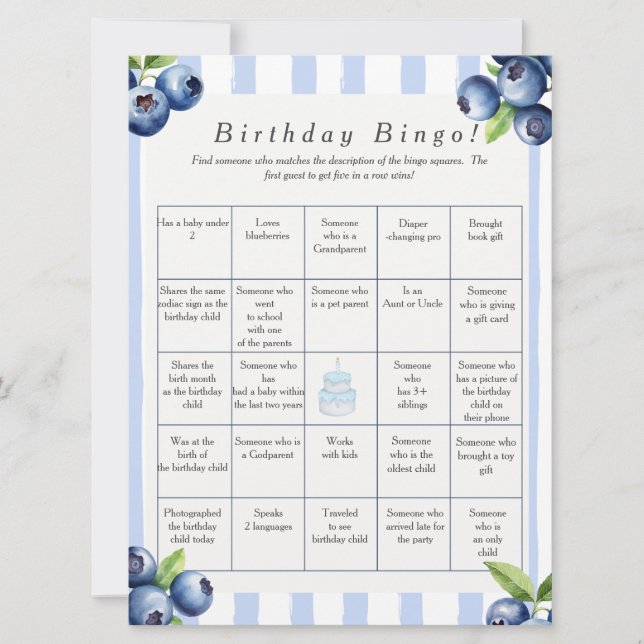 Blueberry  Birthday Find Guest Bingo game card (Front)