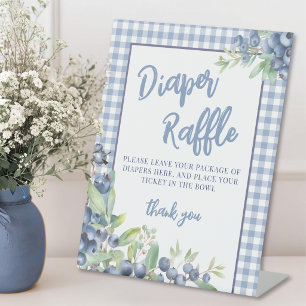 Blueberry Blue Gingham Baby Shower Diaper Raffle Pedestal Sign