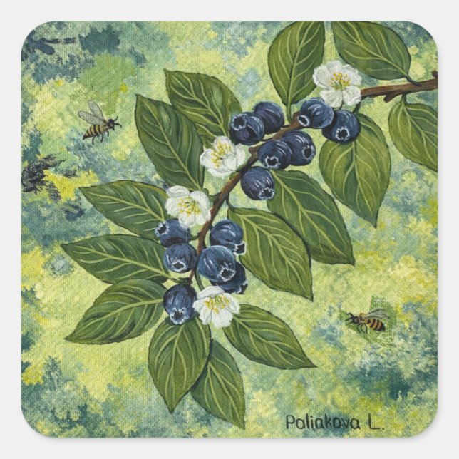 Blueberry Branch Botanical Illustration Square Sticker (Front)