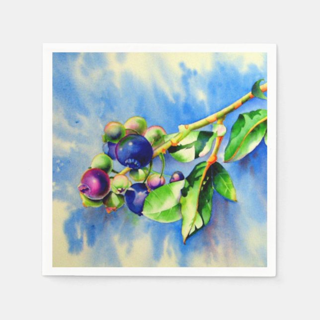 Blueberry branch, watercolor painting napkin (Front)
