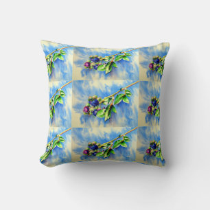 Blueberry branch, watercolor painting throw pillow