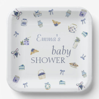 Blueberry Dessert Baby Shower Watercolor  Paper Plate
