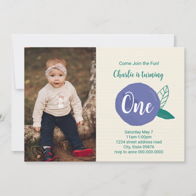 Blueberry First Birthday Photo Invitation (Devant)