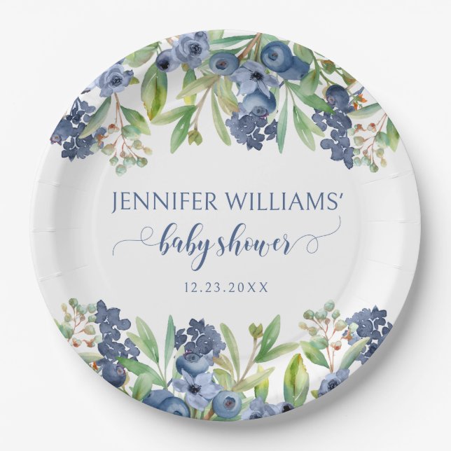 Blueberry floral baby boy shower paper plates (Front)